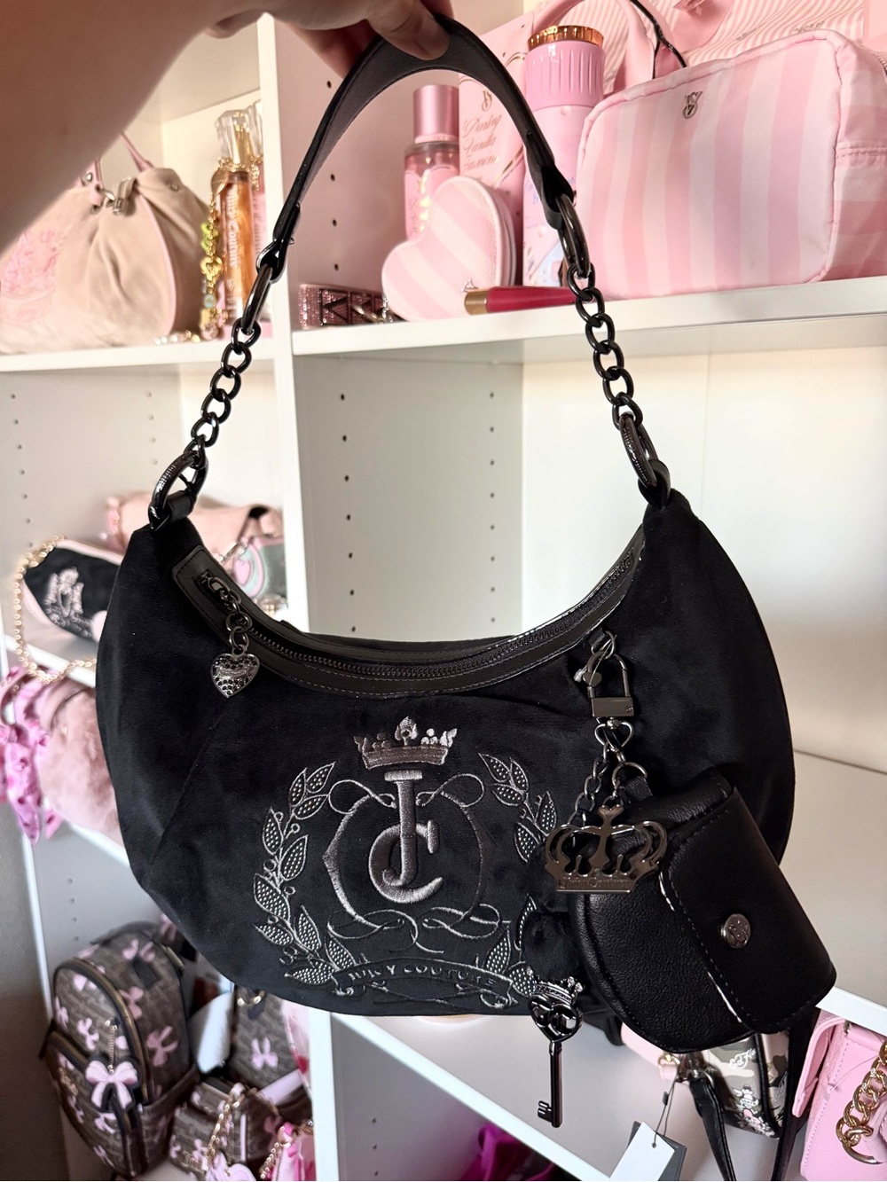 Juicy Couture “Sparkle Royal” Black Velvet Crest Hobo with Charm - Picture 5 of 5